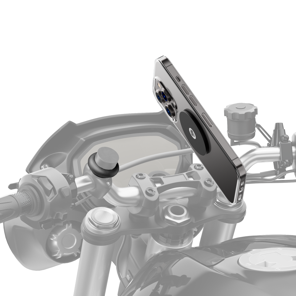 Soporte Shapeheart con antivibración montado en manillar de moto, compatible con placa de metal.