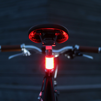 Vista trasera de la bicicleta equipada con la luz LED Shapeheart, montaje fácil y visibilidad a 300°