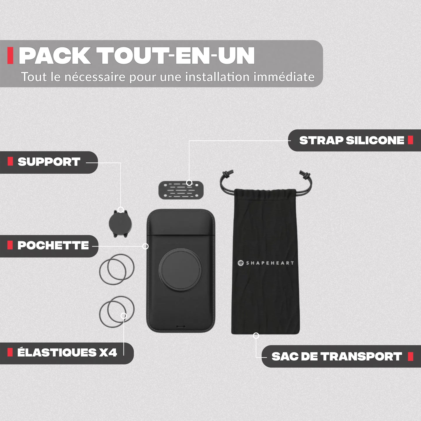 Contenido del pack – Soporte de teléfono para moto Shapeheart