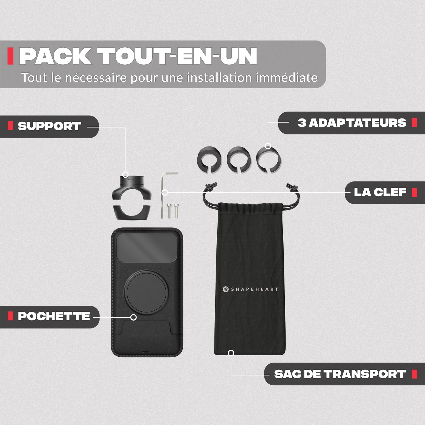 Contenido del pack – Soporte de teléfono para moto PRO Shapeheart