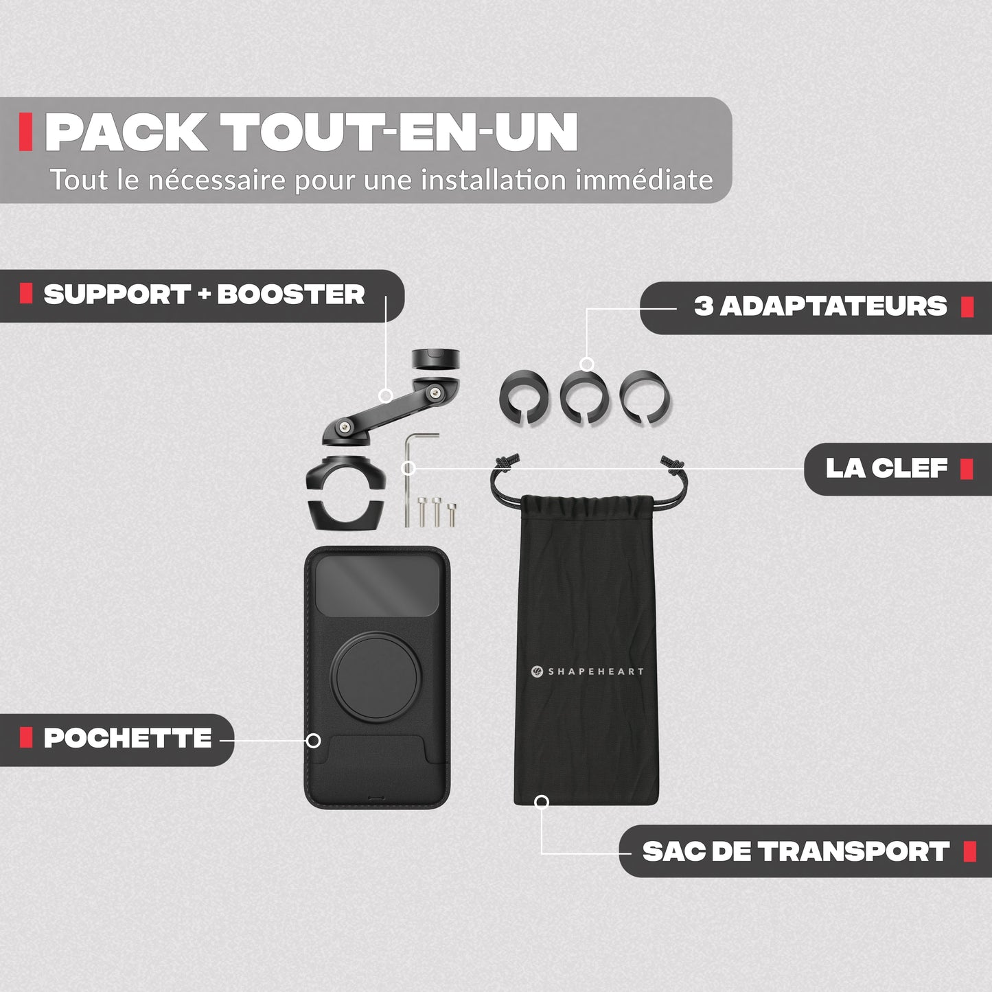 Contenido del pack – Soporte de teléfono para moto PRO BOOST Shapeheart