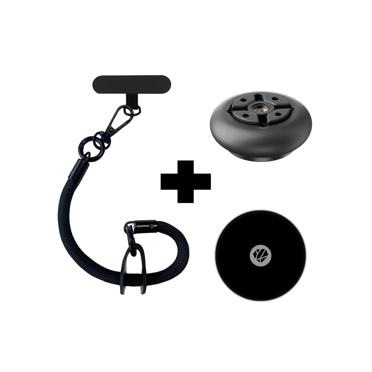 Pack de accesorios esenciales para moto Shapeheart: antivibraciones, placa metálica y cordón para proteger y asegurar el teléfono.