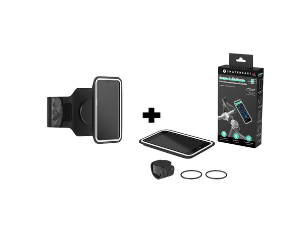 Pack Shapeheart con soporte magnético para bicicleta y brazalete de running, compatible con todo tipo de smartphones.